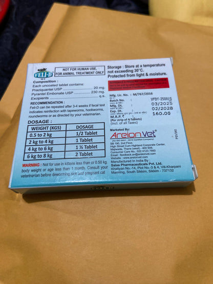 FELI-D® Cat Deworming Tablets – Praziquantel & Pyrantel Embonate (4 Tablets)