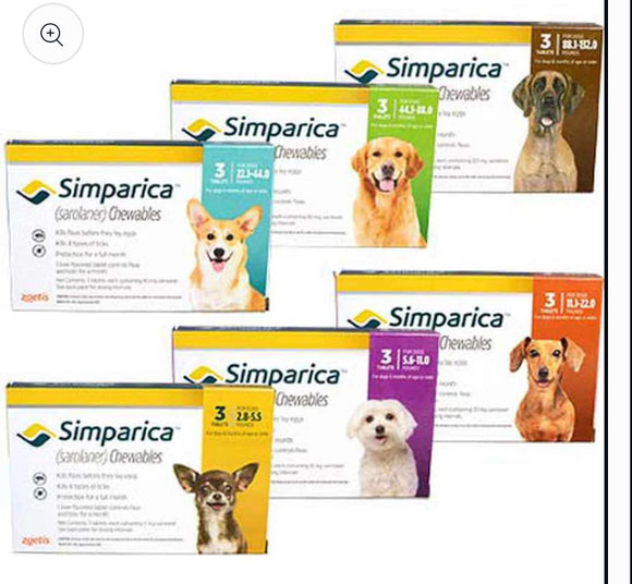 Simparica 3pk (Sarolaner) Flea and Tick Protection Chewable For Dogs