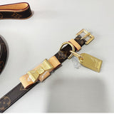 Brown monogram leather dog collar and leash set