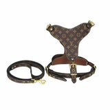 Brown monogram leather dog harness and leash set