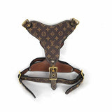 Brown monogram leather dog harness and leash set