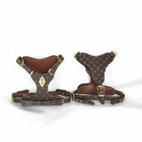 Brown monogram leather dog harness and leash set