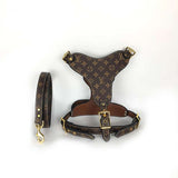 Brown monogram leather dog harness and leash set