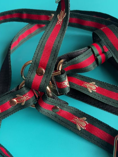 Red Green Designer  Gold Buckle Dog Harness and Leash Sets