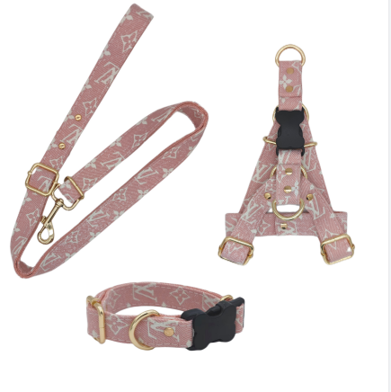 LV Designer Leather Dog Harness and Leash Sets