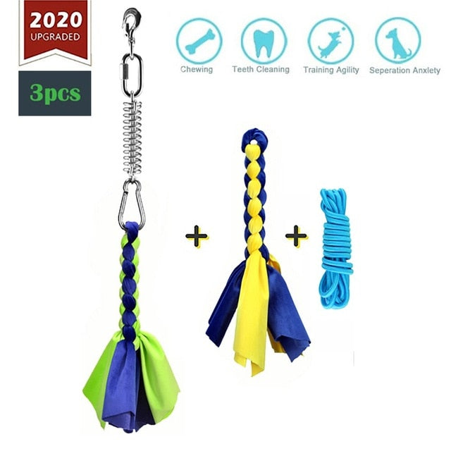 Durable Pet Dog Toys Stainless Steel Spring Pole Puppy Rope Toys Backyard Outdoor Hanging Exercise Rope Pull Tug Of War Toy