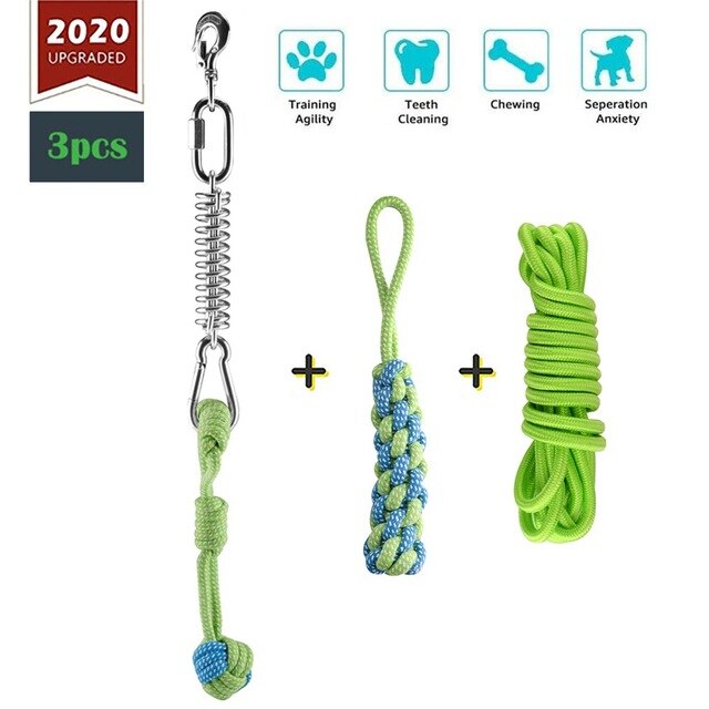 Durable Pet Dog Toys Stainless Steel Spring Pole Puppy Rope Toys Backyard Outdoor Hanging Exercise Rope Pull Tug Of War Toy